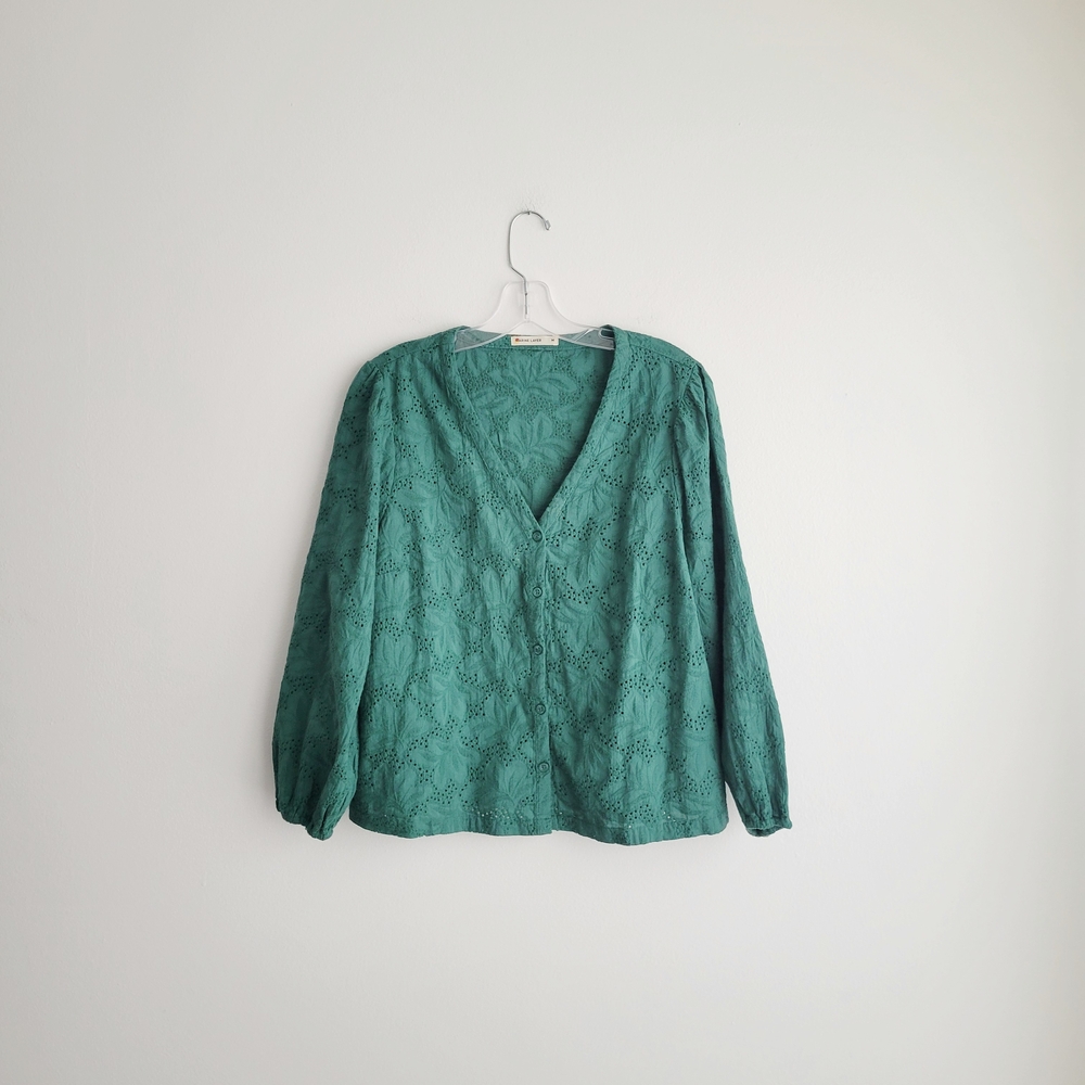 MARINE LAYER Green Embroidered Eyelet Colette Pointelle V-Neck Blouse
